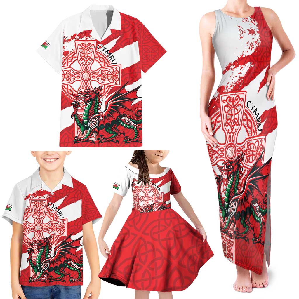 Wales Celtic Cross Family Matching Tank Maxi Dress and Hawaiian Shirt Cymru Am Byth Red Version - Wonder Print Shop