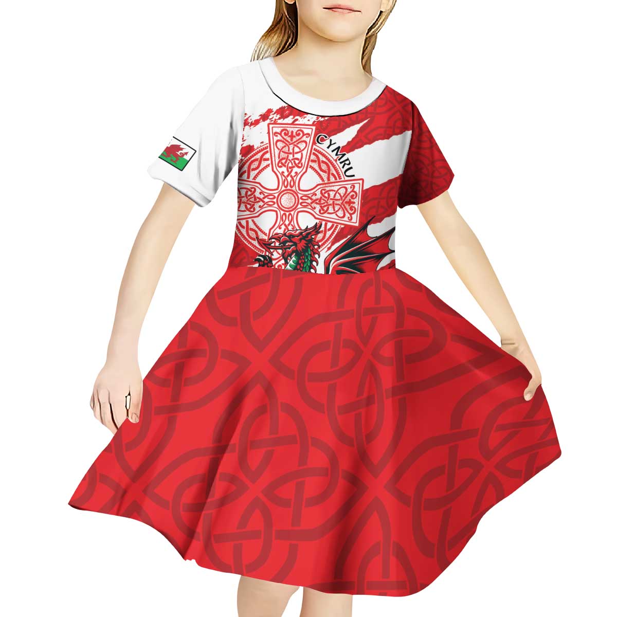 Wales Celtic Cross Kid Short Sleeve Dress Cymru Am Byth Red Version - Wonder Print Shop