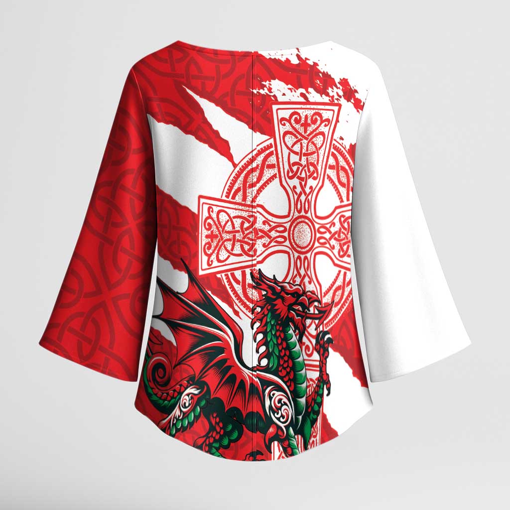 Wales Celtic Cross Kimono Sleeve Blouse Cymru Am Byth Red Version - Wonder Print Shop