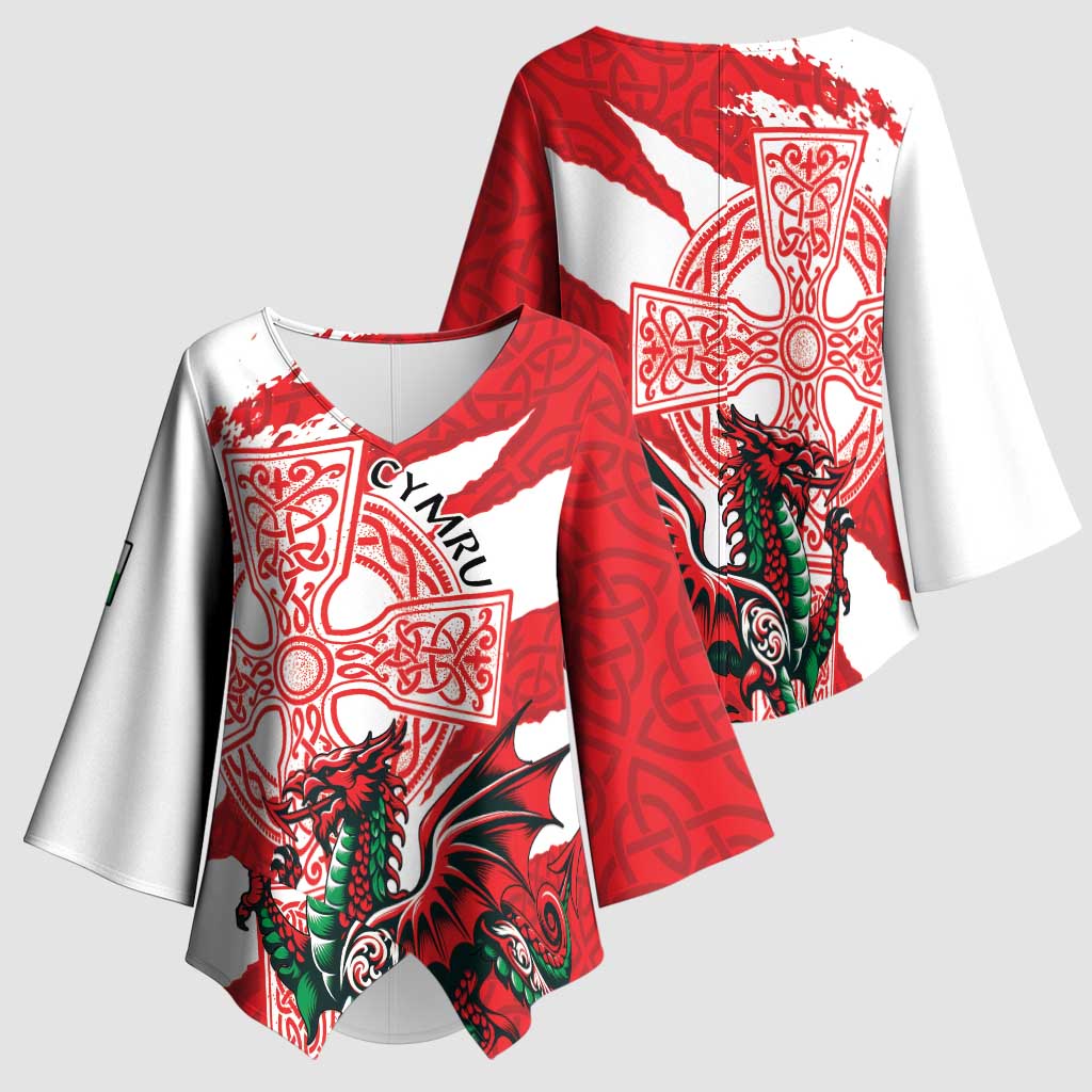 Wales Celtic Cross Kimono Sleeve Blouse Cymru Am Byth Red Version - Wonder Print Shop