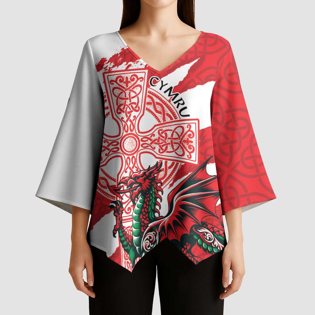 Wales Celtic Cross Kimono Sleeve Blouse Cymru Am Byth Red Version - Wonder Print Shop