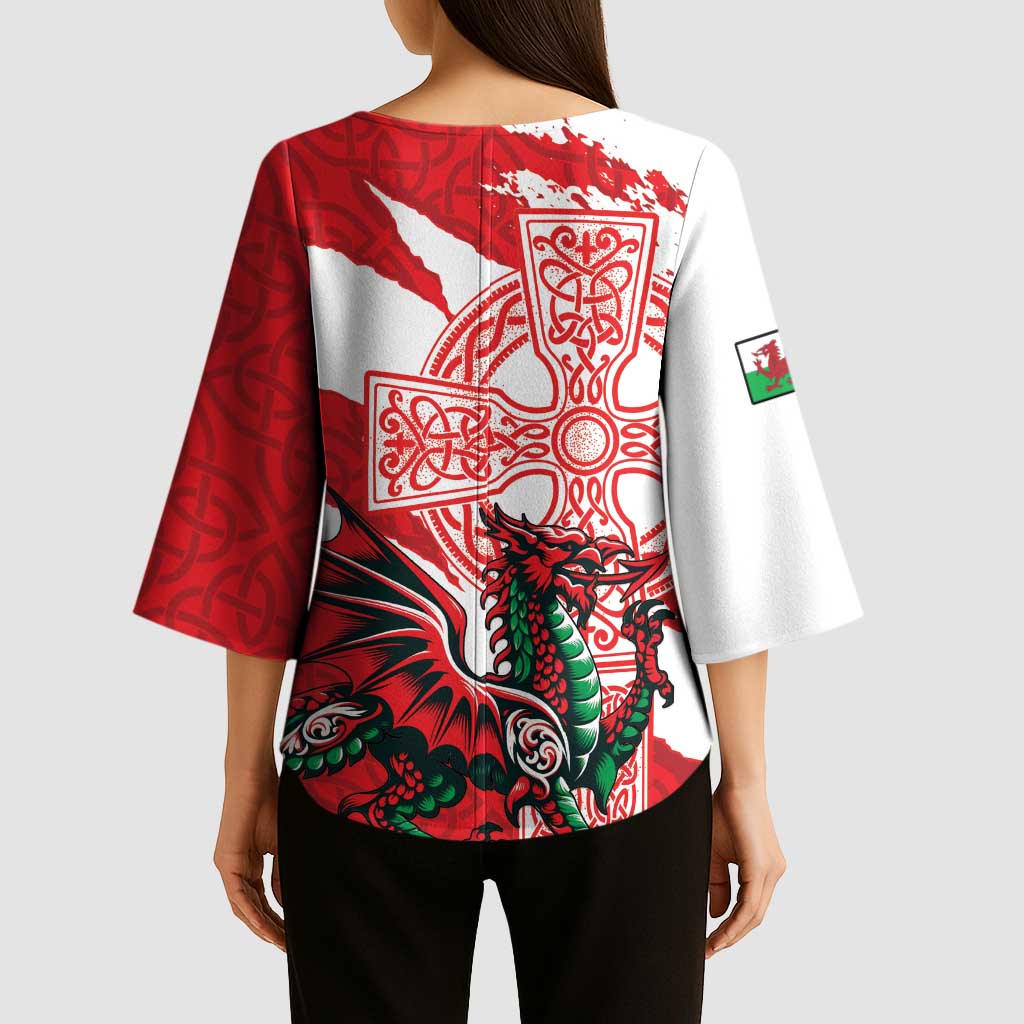 Wales Celtic Cross Kimono Sleeve Blouse Cymru Am Byth Red Version - Wonder Print Shop