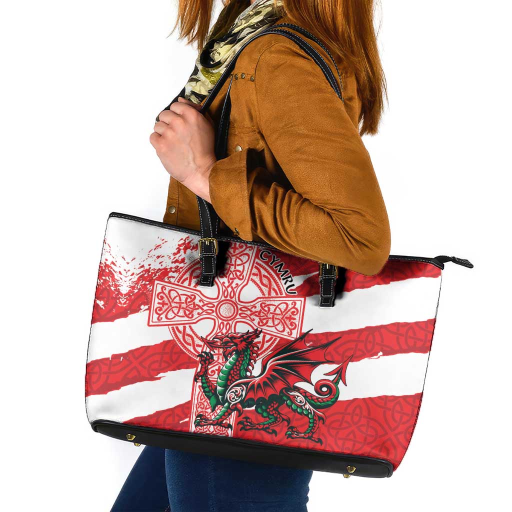 Wales Celtic Cross Leather Tote Bag Cymru Am Byth Red Version - Wonder Print Shop