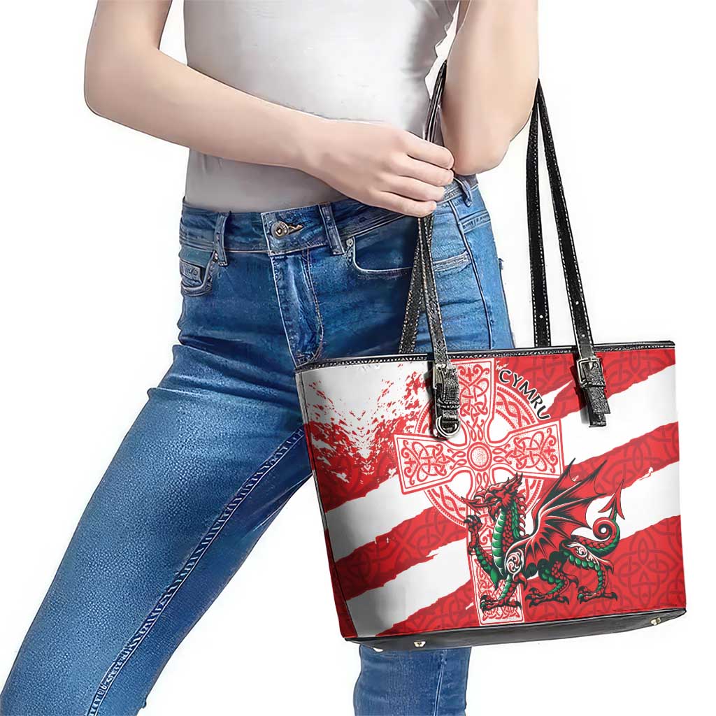 Wales Celtic Cross Leather Tote Bag Cymru Am Byth Red Version - Wonder Print Shop