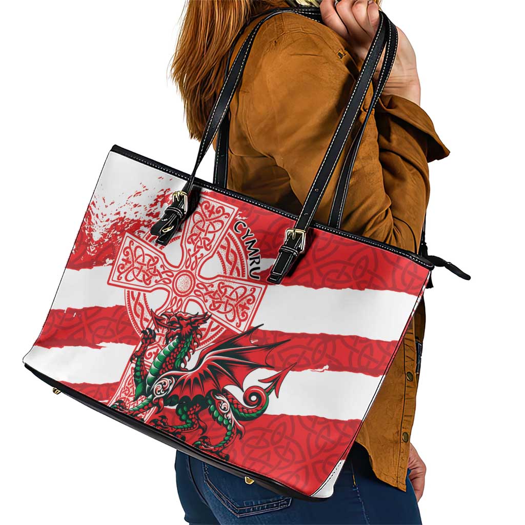 Wales Celtic Cross Leather Tote Bag Cymru Am Byth Red Version - Wonder Print Shop