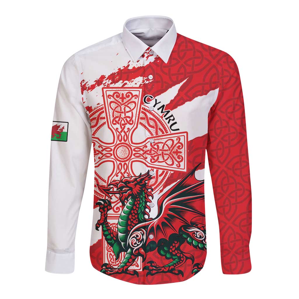 Wales Celtic Cross Long Sleeve Button Shirt Cymru Am Byth Red Version - Wonder Print Shop