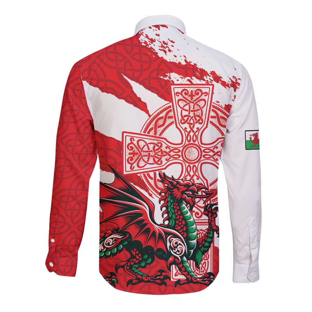 Wales Celtic Cross Long Sleeve Button Shirt Cymru Am Byth Red Version - Wonder Print Shop
