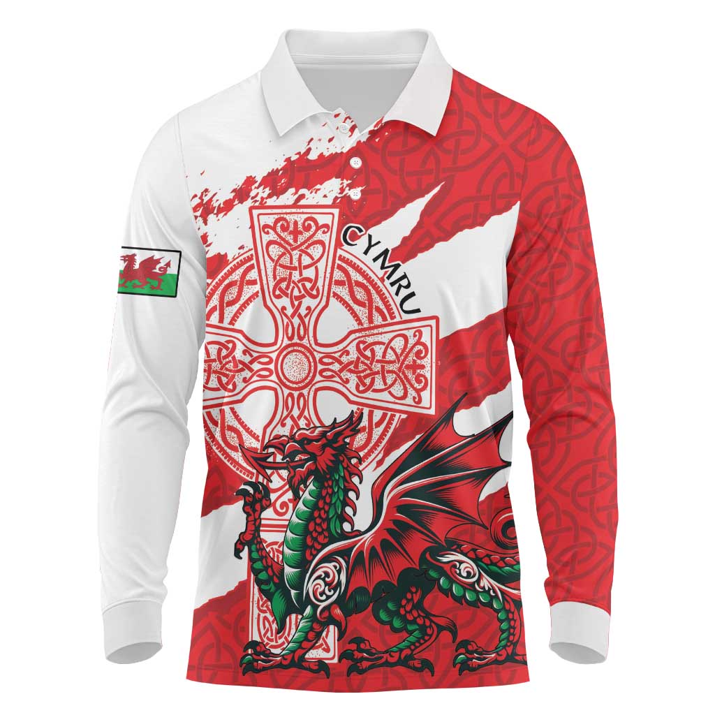 Wales Celtic Cross Long Sleeve Polo Shirt Cymru Am Byth Red Version - Wonder Print Shop