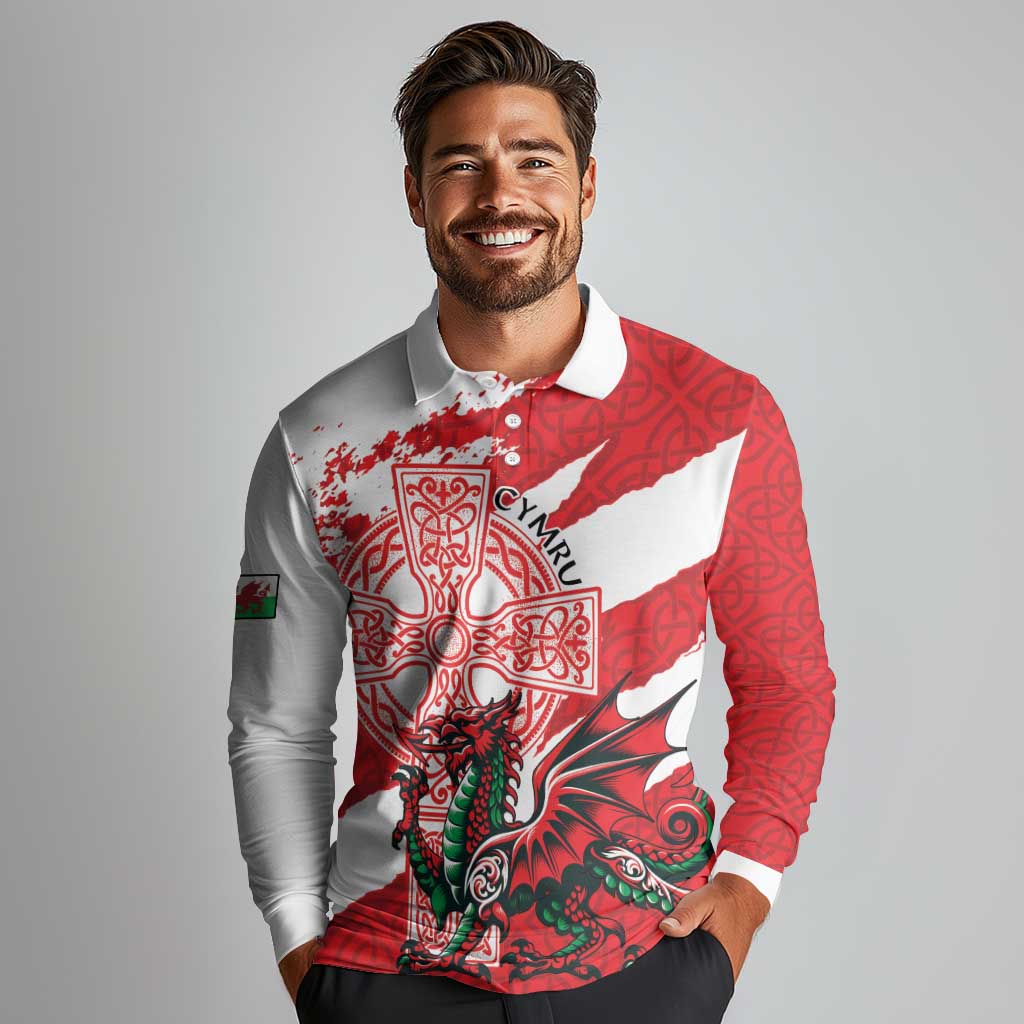 Wales Celtic Cross Long Sleeve Polo Shirt Cymru Am Byth Red Version - Wonder Print Shop