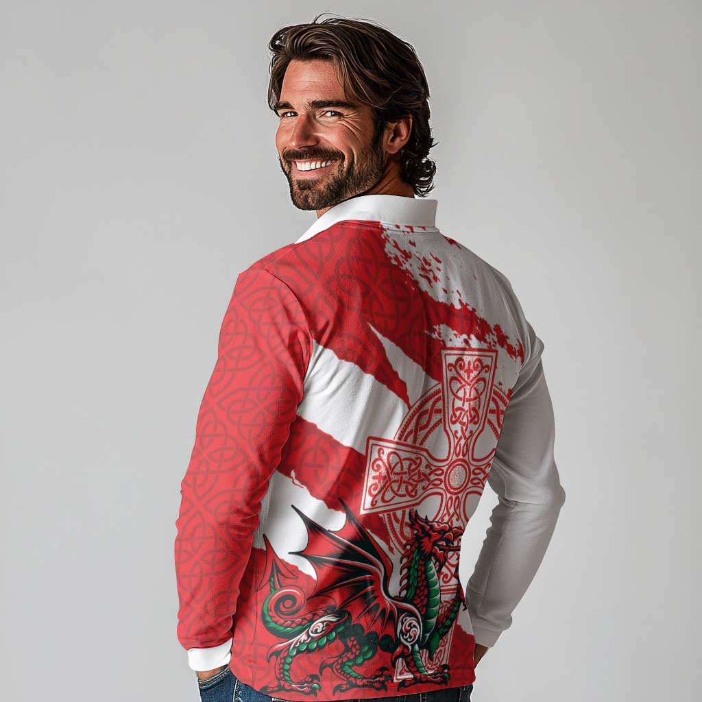 Wales Celtic Cross Long Sleeve Polo Shirt Cymru Am Byth Red Version - Wonder Print Shop