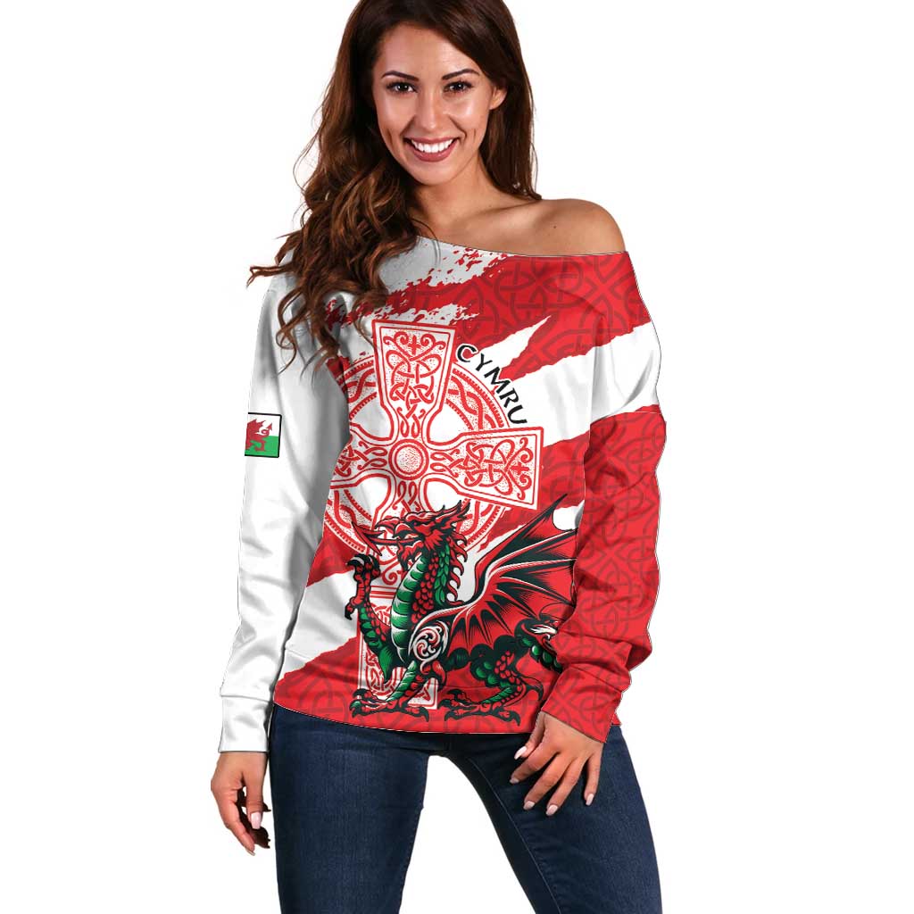 Wales Celtic Cross Off Shoulder Sweater Cymru Am Byth Red Version - Wonder Print Shop