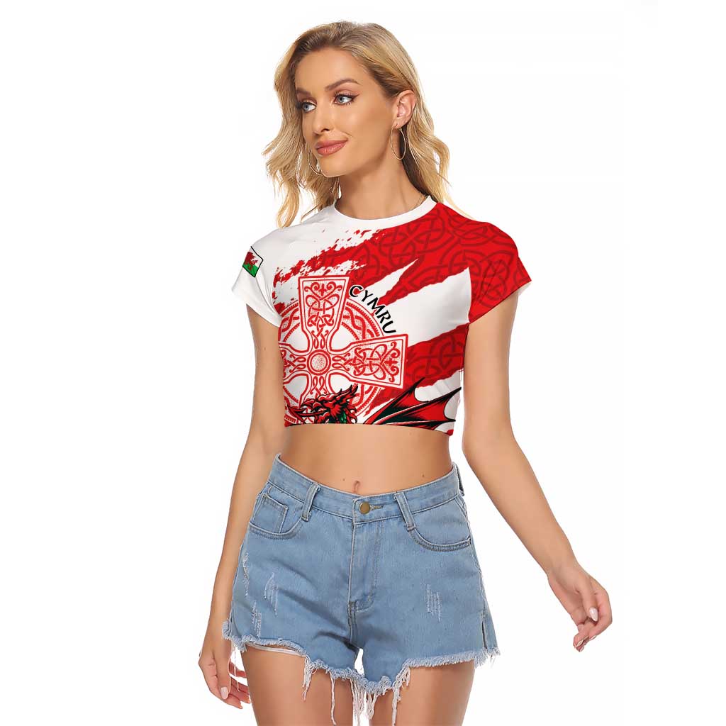 Wales Celtic Cross Raglan Cropped T Shirt Cymru Am Byth Red Version - Wonder Print Shop