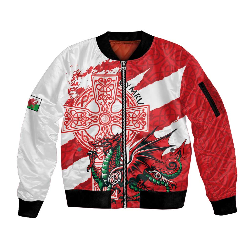 Wales Celtic Cross Sleeve Zip Bomber Jacket Cymru Am Byth Red Version - Wonder Print Shop