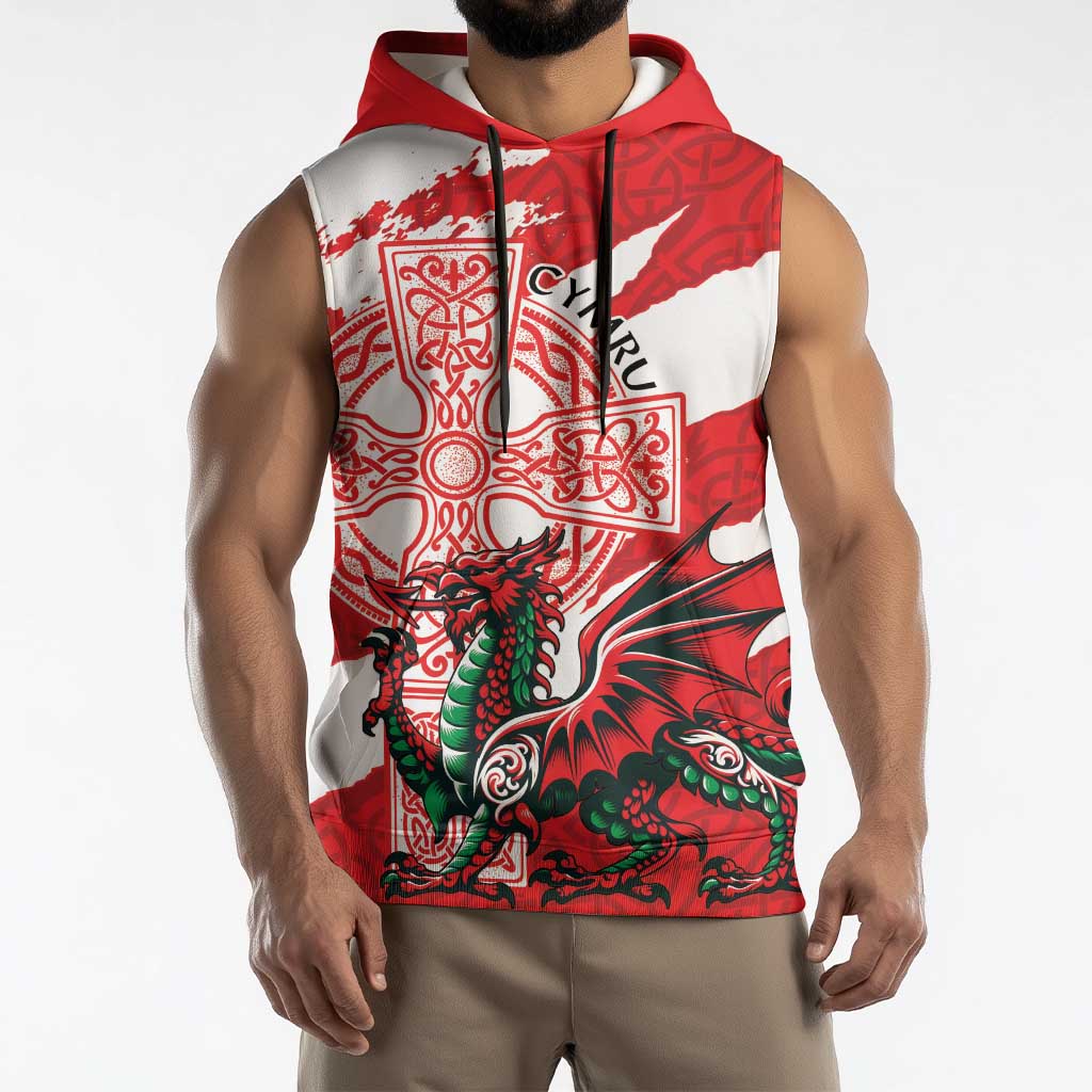 Wales Celtic Cross Sleeveless Hoodie Cymru Am Byth Red Version - Wonder Print Shop