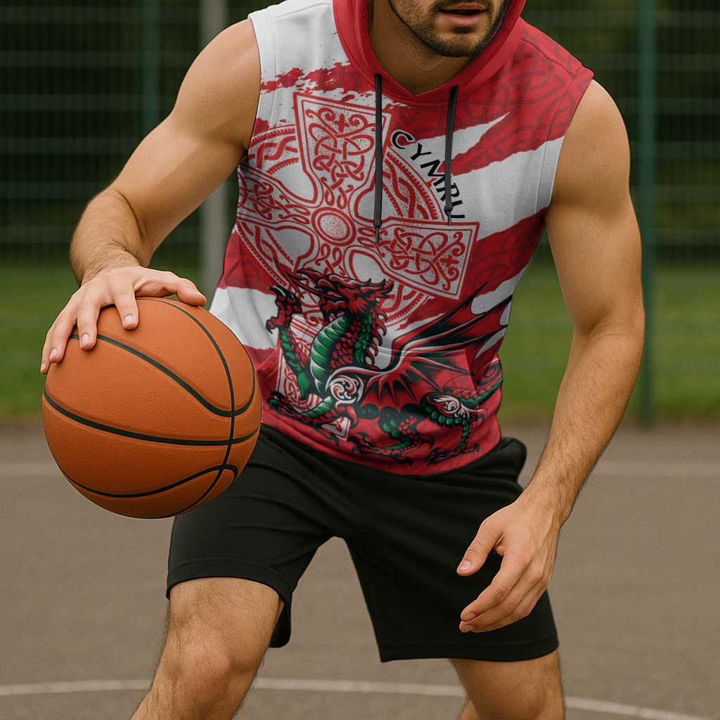 Wales Celtic Cross Sleeveless Hoodie Cymru Am Byth Red Version - Wonder Print Shop