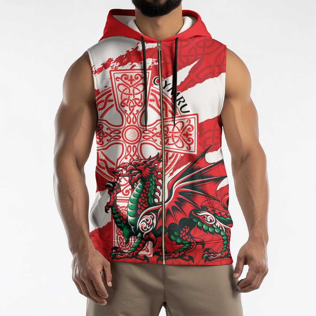 Wales Celtic Cross Sleeveless Zip Hoodie Cymru Am Byth Red Version - Wonder Print Shop