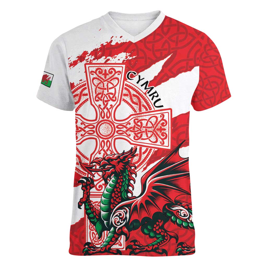 Wales Celtic Cross Women V-Neck T-Shirt Cymru Am Byth Red Version - Wonder Print Shop