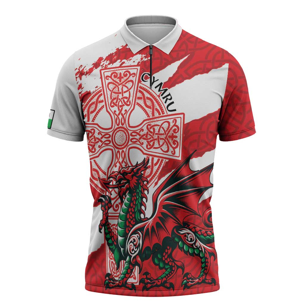 Wales Celtic Cross Zipper Polo Shirt Cymru Am Byth Red Version - Wonder Print Shop