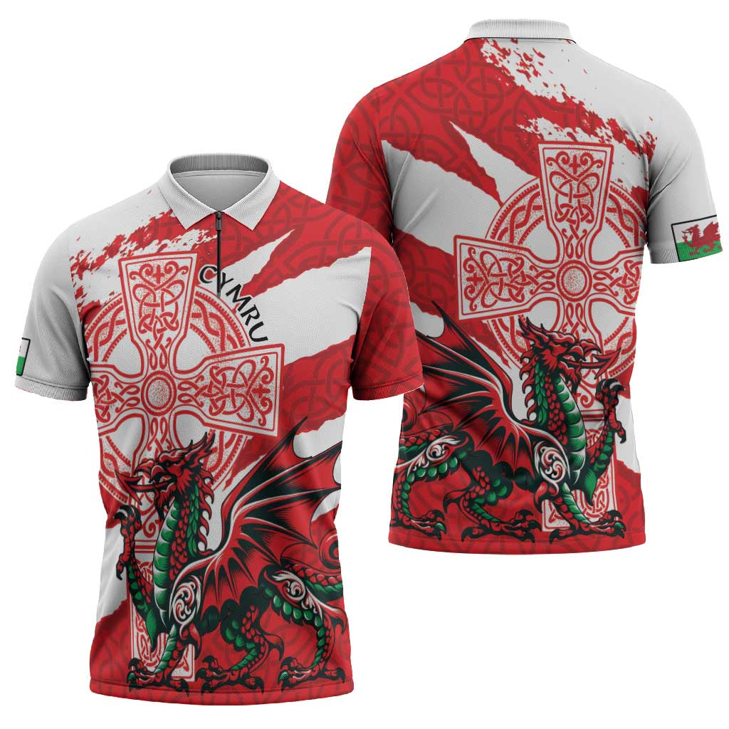 Wales Celtic Cross Zipper Polo Shirt Cymru Am Byth Red Version - Wonder Print Shop