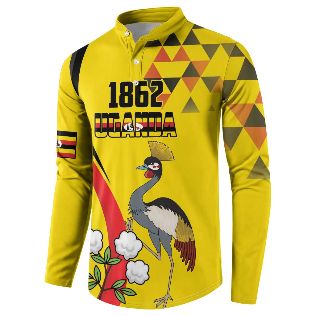 Personalized Uganda Independence Day Button Sweatshirt Grey Crowned Crane Bird - Wonder Print Shop