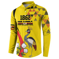 Personalized Uganda Independence Day Button Sweatshirt Grey Crowned Crane Bird - Wonder Print Shop