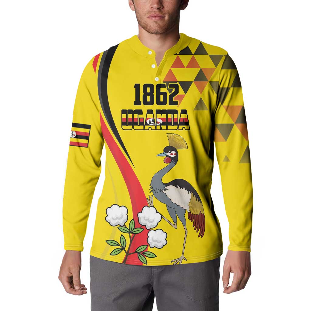 Personalized Uganda Independence Day Button Sweatshirt Grey Crowned Crane Bird - Wonder Print Shop