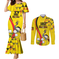 Personalized Uganda Independence Day Couples Matching Mermaid Dress and Long Sleeve Button Shirt Grey Crowned Crane Bird