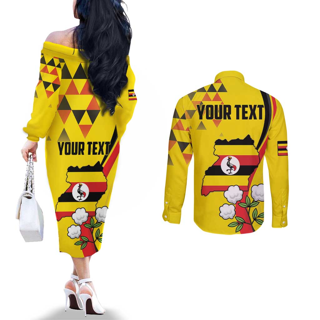 Personalized Uganda Independence Day Couples Matching Off The Shoulder Long Sleeve Dress and Long Sleeve Button Shirt Grey Crowned Crane Bird