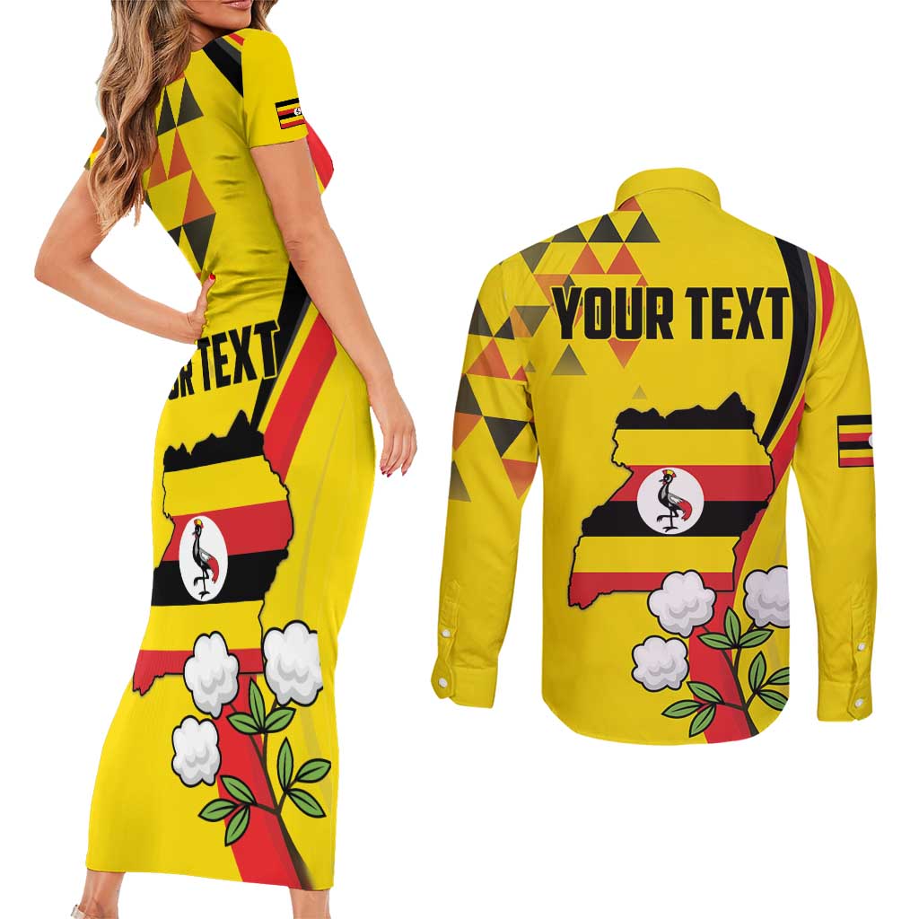 Personalized Uganda Independence Day Couples Matching Short Sleeve Bodycon Dress and Long Sleeve Button Shirt Grey Crowned Crane Bird - Wonder Print Shop