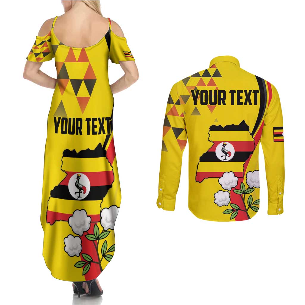 Personalized Uganda Independence Day Couples Matching Summer Maxi Dress and Long Sleeve Button Shirt Grey Crowned Crane Bird - Wonder Print Shop