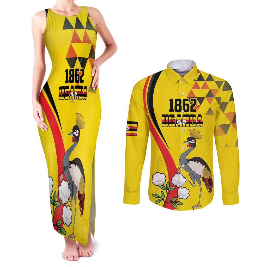 Personalized Uganda Independence Day Couples Matching Tank Maxi Dress and Long Sleeve Button Shirt Grey Crowned Crane Bird - Wonder Print Shop