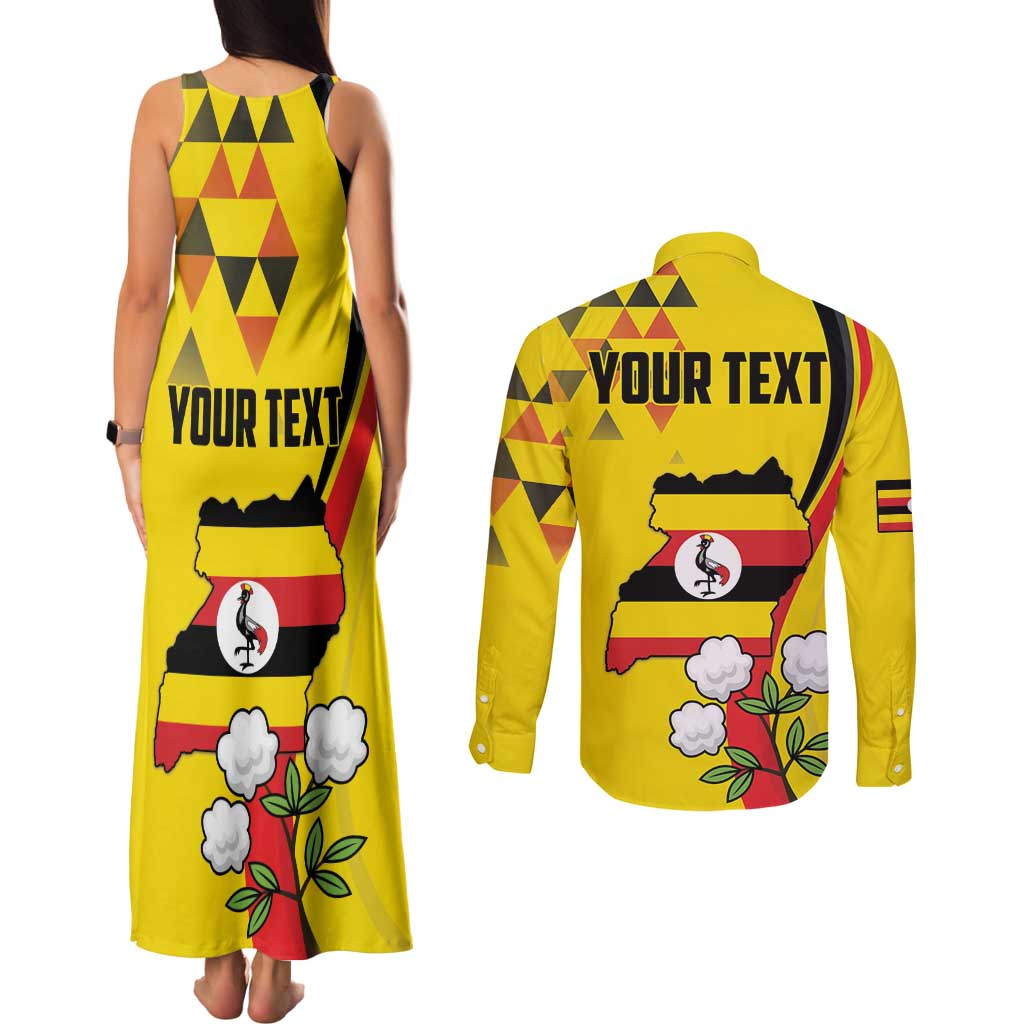 Personalized Uganda Independence Day Couples Matching Tank Maxi Dress and Long Sleeve Button Shirt Grey Crowned Crane Bird - Wonder Print Shop