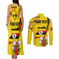 Personalized Uganda Independence Day Couples Matching Tank Maxi Dress and Long Sleeve Button Shirt Grey Crowned Crane Bird - Wonder Print Shop