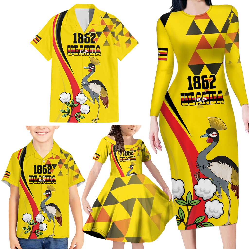 Personalized Uganda Independence Day Family Matching Long Sleeve Bodycon Dress and Hawaiian Shirt Grey Crowned Crane Bird - Wonder Print Shop