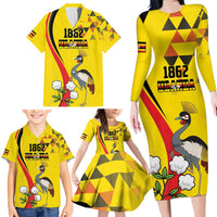Personalized Uganda Independence Day Family Matching Long Sleeve Bodycon Dress and Hawaiian Shirt Grey Crowned Crane Bird - Wonder Print Shop
