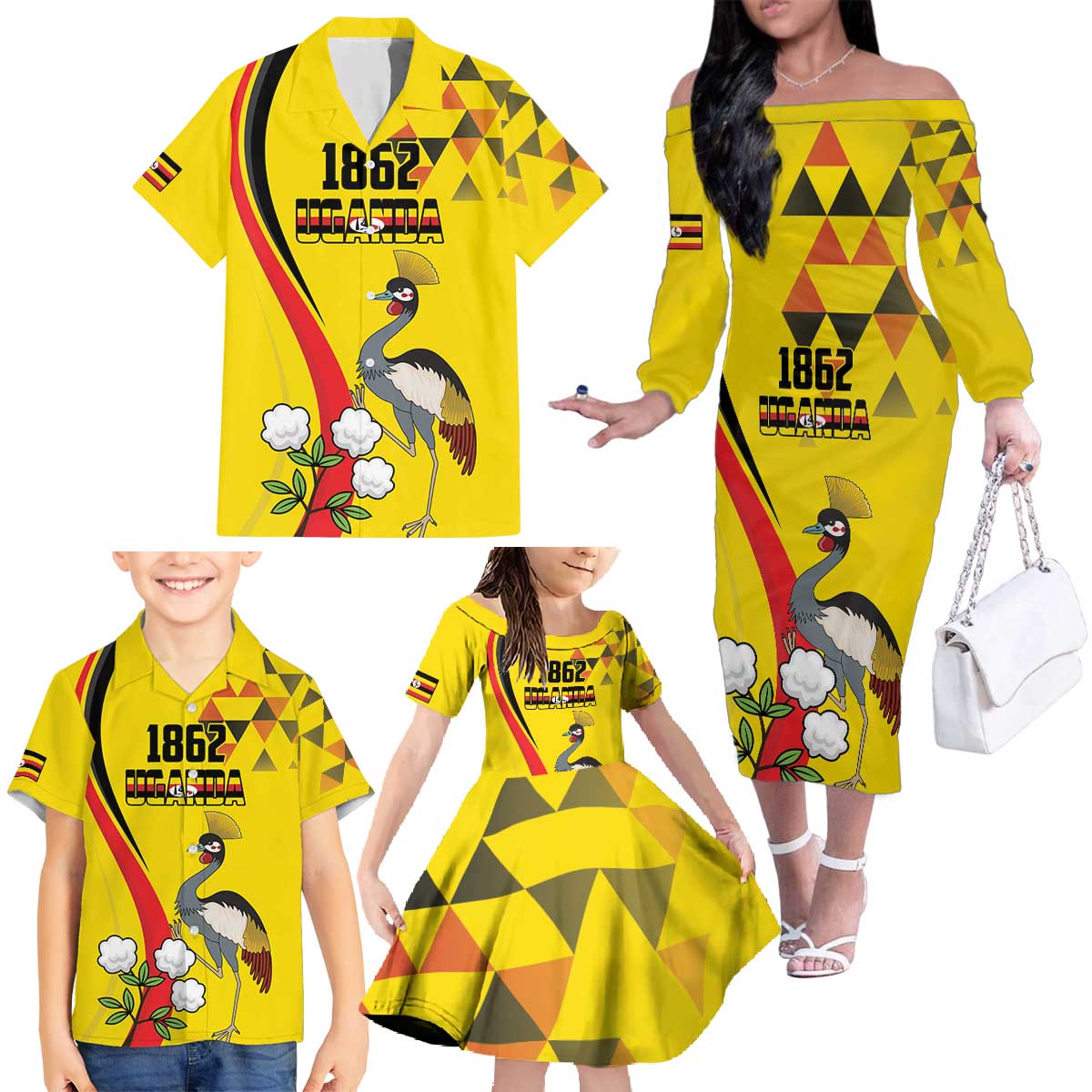 Personalized Uganda Independence Day Family Matching Off The Shoulder Long Sleeve Dress and Hawaiian Shirt Grey Crowned Crane Bird - Wonder Print Shop