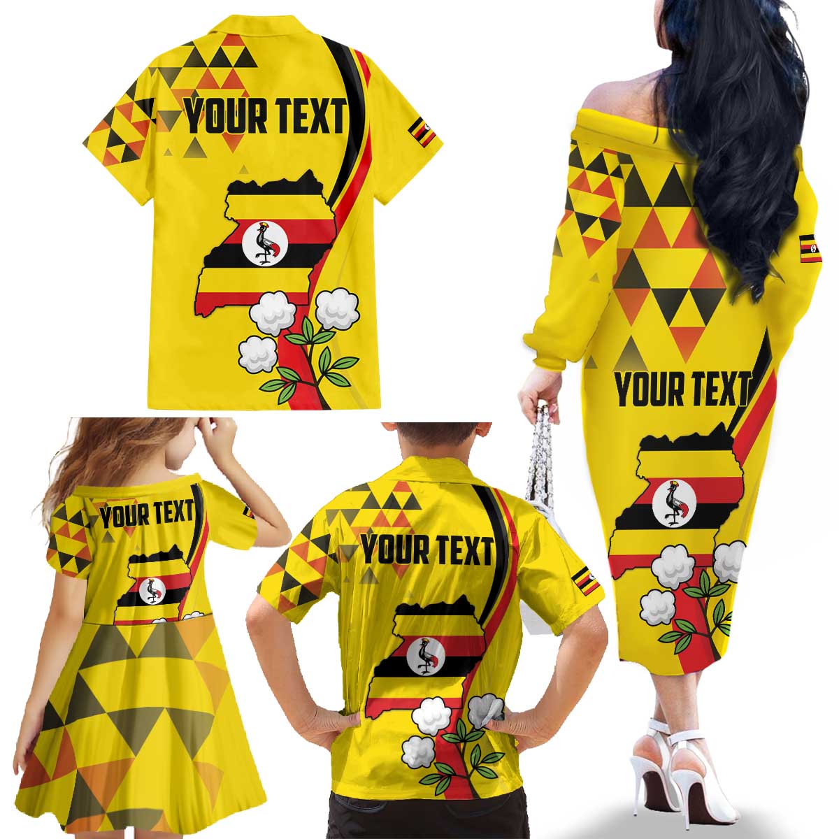 Personalized Uganda Independence Day Family Matching Off The Shoulder Long Sleeve Dress and Hawaiian Shirt Grey Crowned Crane Bird - Wonder Print Shop