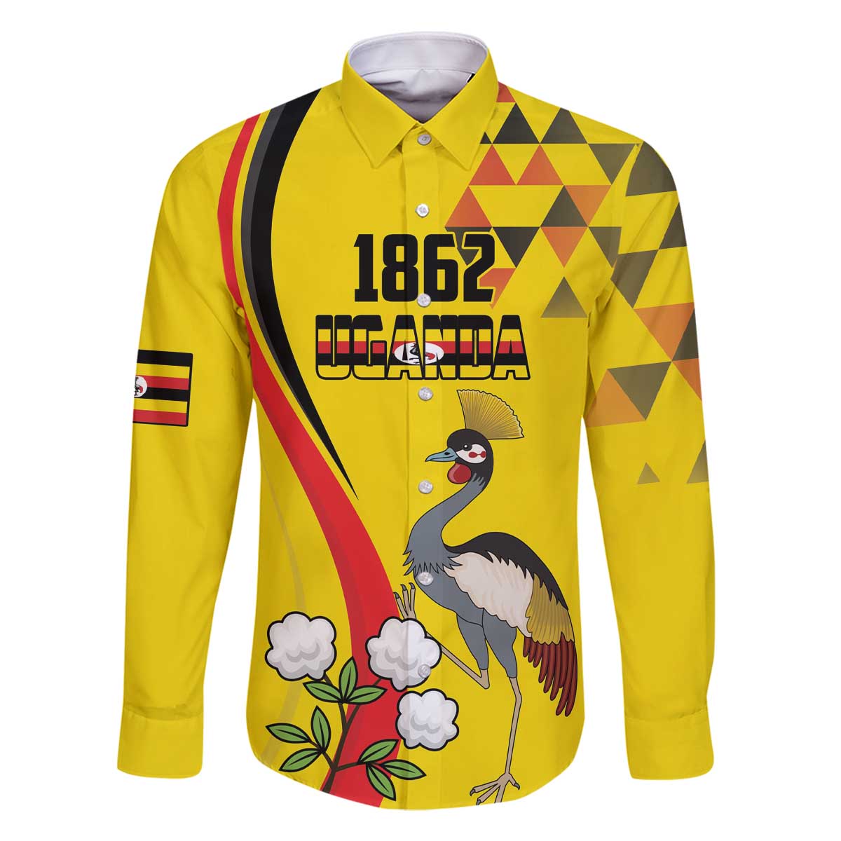 Personalized Uganda Independence Day Family Matching Off The Shoulder Long Sleeve Dress and Hawaiian Shirt Grey Crowned Crane Bird - Wonder Print Shop