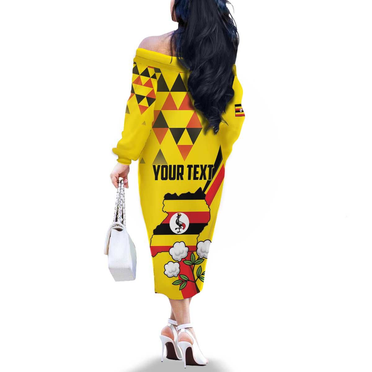 Personalized Uganda Independence Day Family Matching Off The Shoulder Long Sleeve Dress and Hawaiian Shirt Grey Crowned Crane Bird - Wonder Print Shop