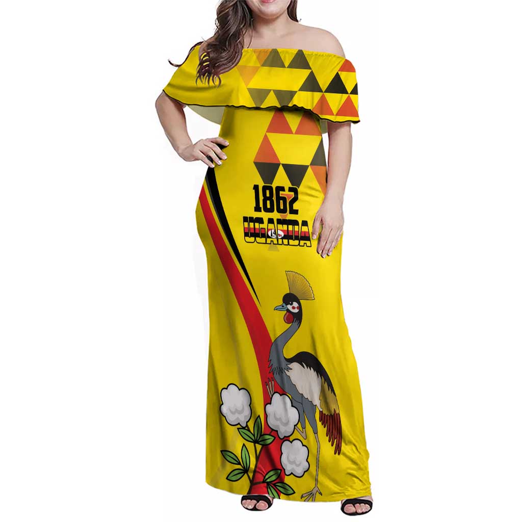 Personalized Uganda Independence Day Family Matching Off Shoulder Maxi Dress and Hawaiian Shirt Grey Crowned Crane Bird - Wonder Print Shop