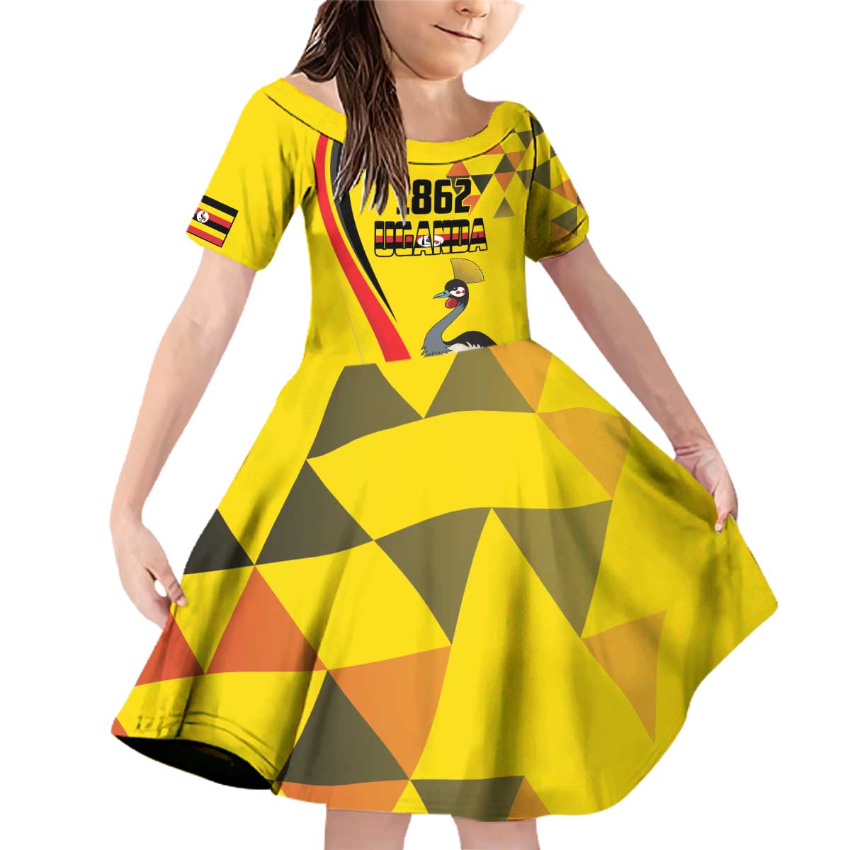 Personalized Uganda Independence Day Family Matching Off Shoulder Short Dress and Hawaiian Shirt Grey Crowned Crane Bird - Wonder Print Shop