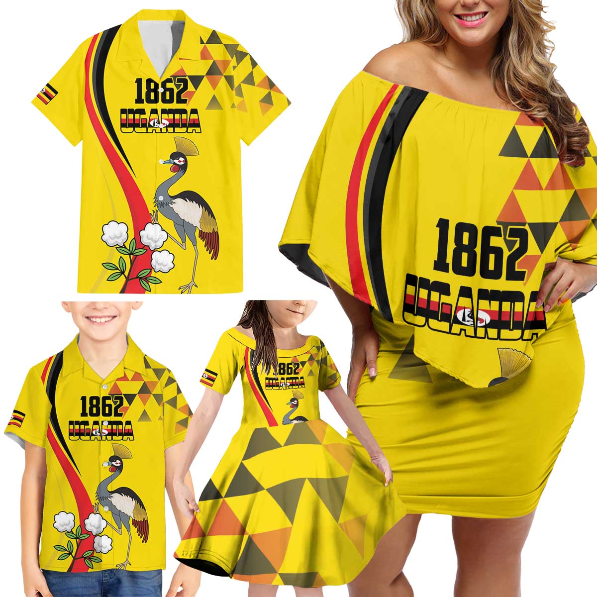 Personalized Uganda Independence Day Family Matching Off Shoulder Short Dress and Hawaiian Shirt Grey Crowned Crane Bird - Wonder Print Shop