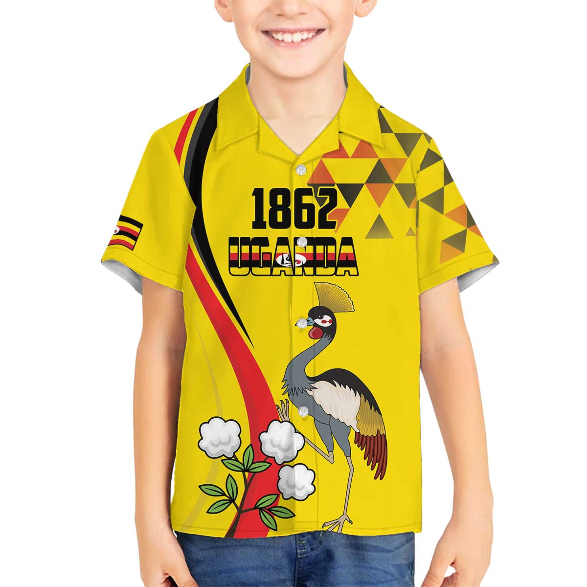 Personalized Uganda Independence Day Family Matching Off Shoulder Short Dress and Hawaiian Shirt Grey Crowned Crane Bird - Wonder Print Shop