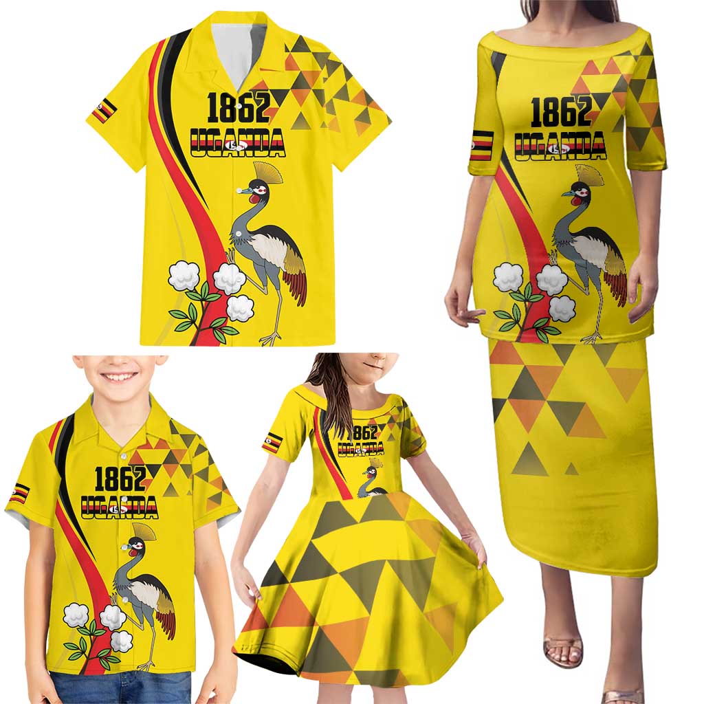 Personalized Uganda Independence Day Family Matching Puletasi and Hawaiian Shirt Grey Crowned Crane Bird - Wonder Print Shop