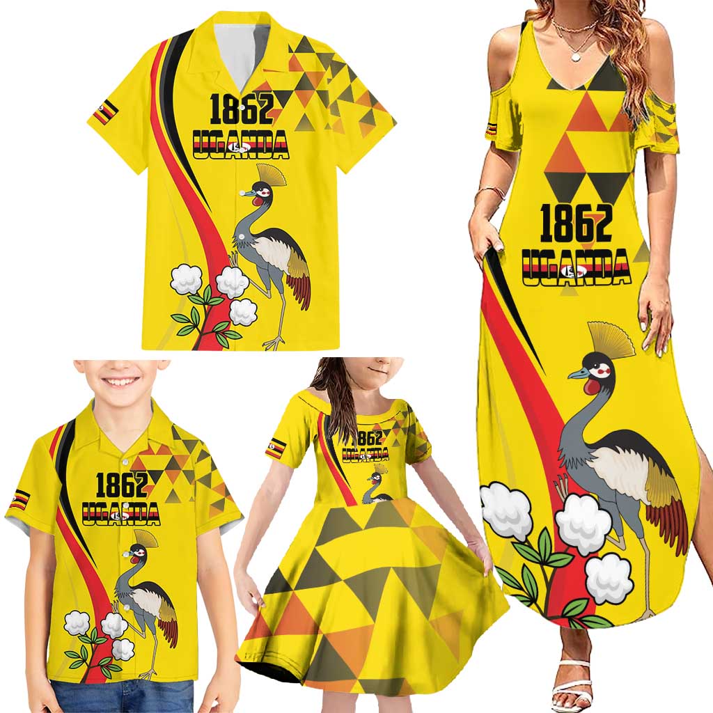 Personalized Uganda Independence Day Family Matching Summer Maxi Dress and Hawaiian Shirt Grey Crowned Crane Bird - Wonder Print Shop