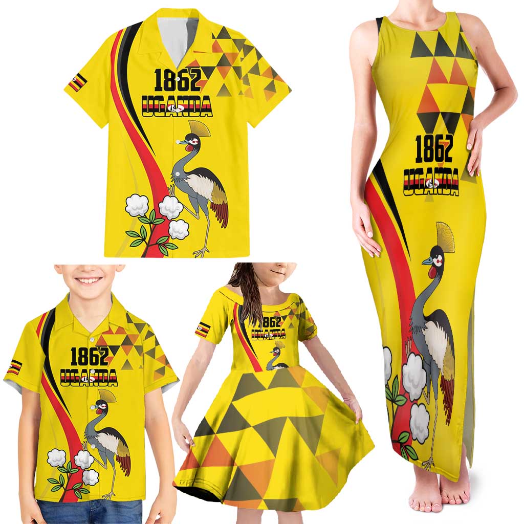 Personalized Uganda Independence Day Family Matching Tank Maxi Dress and Hawaiian Shirt Grey Crowned Crane Bird - Wonder Print Shop