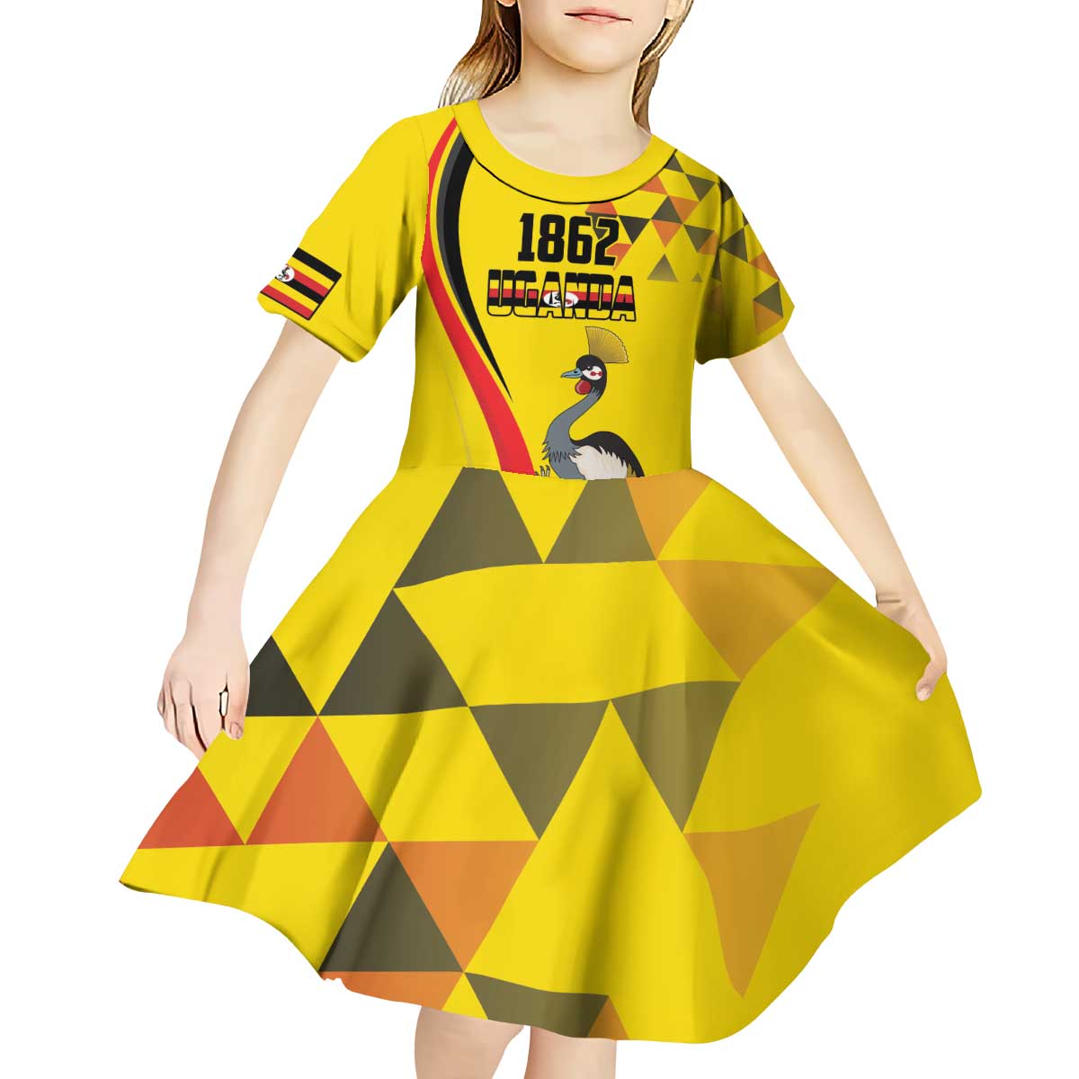 Personalized Uganda Independence Day Kid Short Sleeve Dress Grey Crowned Crane Bird - Wonder Print Shop