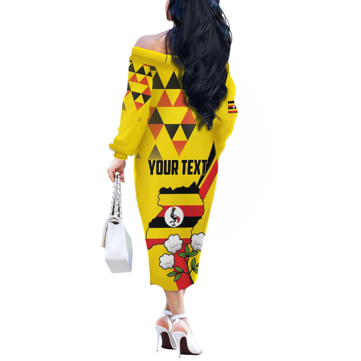 Personalized Uganda Independence Day Off The Shoulder Long Sleeve Dress Grey Crowned Crane Bird - Wonder Print Shop