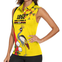 Personalized Uganda Independence Day Women Sleeveless Polo Shirt Grey Crowned Crane Bird - Wonder Print Shop