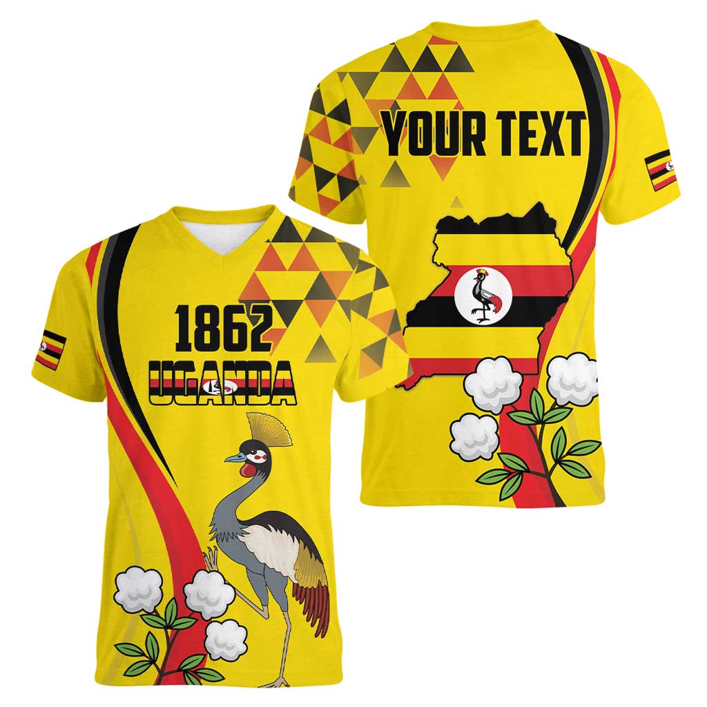 Personalized Uganda Independence Day Women V-Neck T-Shirt Grey Crowned Crane Bird - Wonder Print Shop